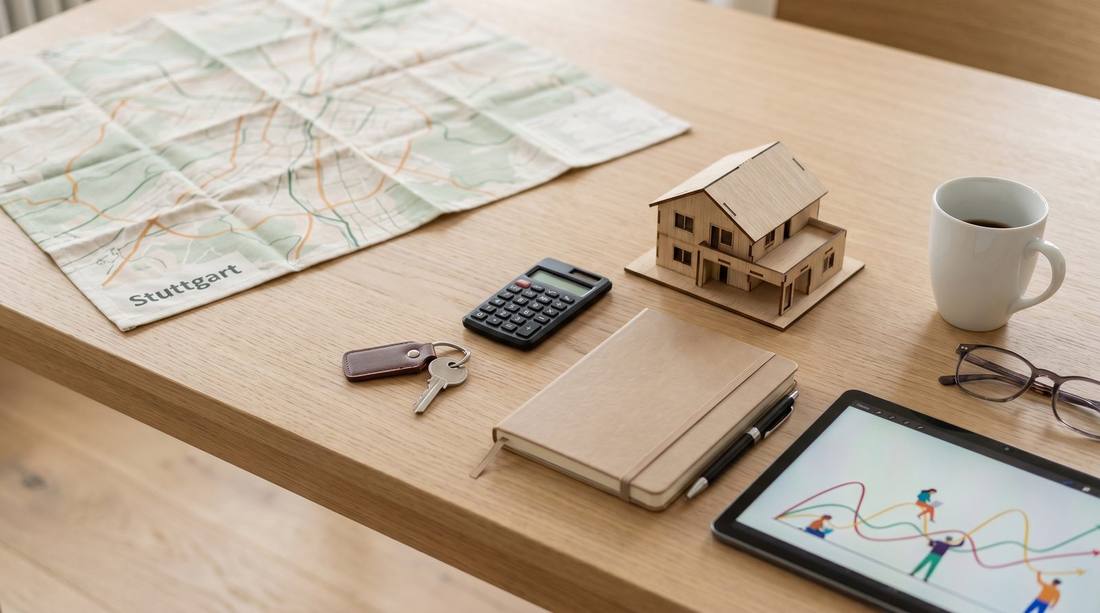 Hauspreis Stuttgart 2026 – Schreibtisch mit Stadtplan, Hausmodell und Taschenrechner