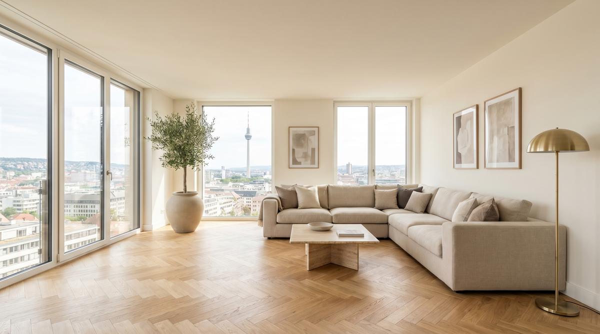 Haus verkaufen Stuttgart – verkaufsbereites Wohnzimmer mit Blick auf den Stuttgarter Talkessel