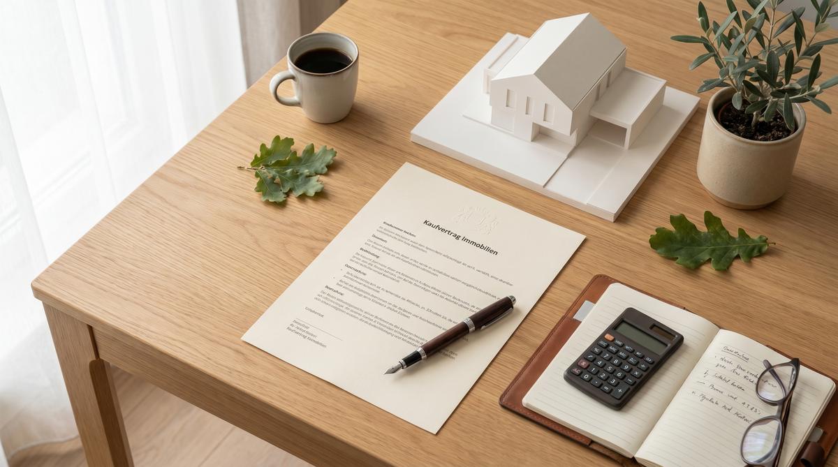 Maklerprovision Baden-Württemberg 2026: Flatlay mit Hausmodell, Vertrag und Stift