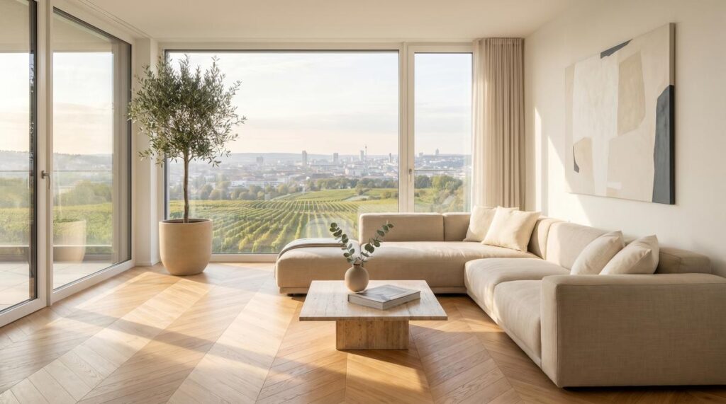 Maklerprovision Baden-Württemberg: Stuttgarter Wohnzimmer mit Blick auf Weinberge