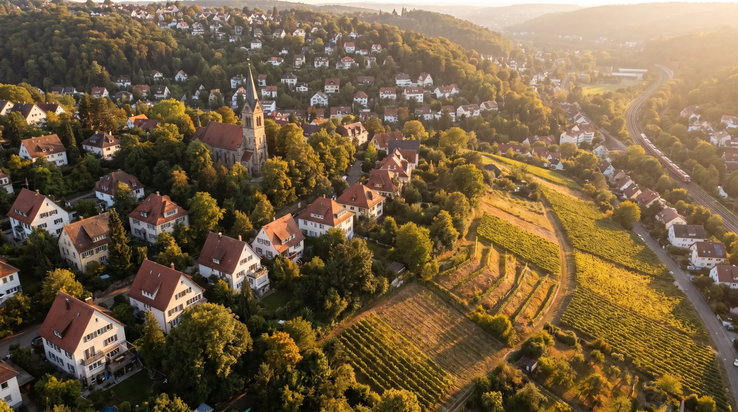 Immobilienmakler Stuttgart – Luftbild über Stuttgarter Wohnviertel mit Reihenhäusern und Weinbergen
