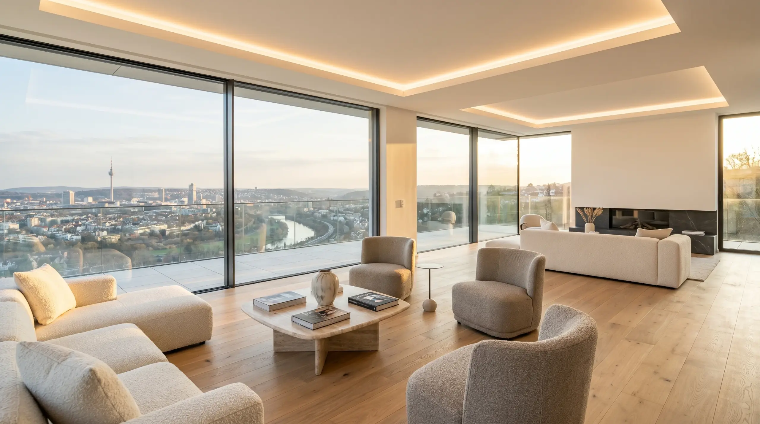 Immobilienmakler Degerloch – modernes Wohnzimmer mit Panoramablick auf Stuttgart