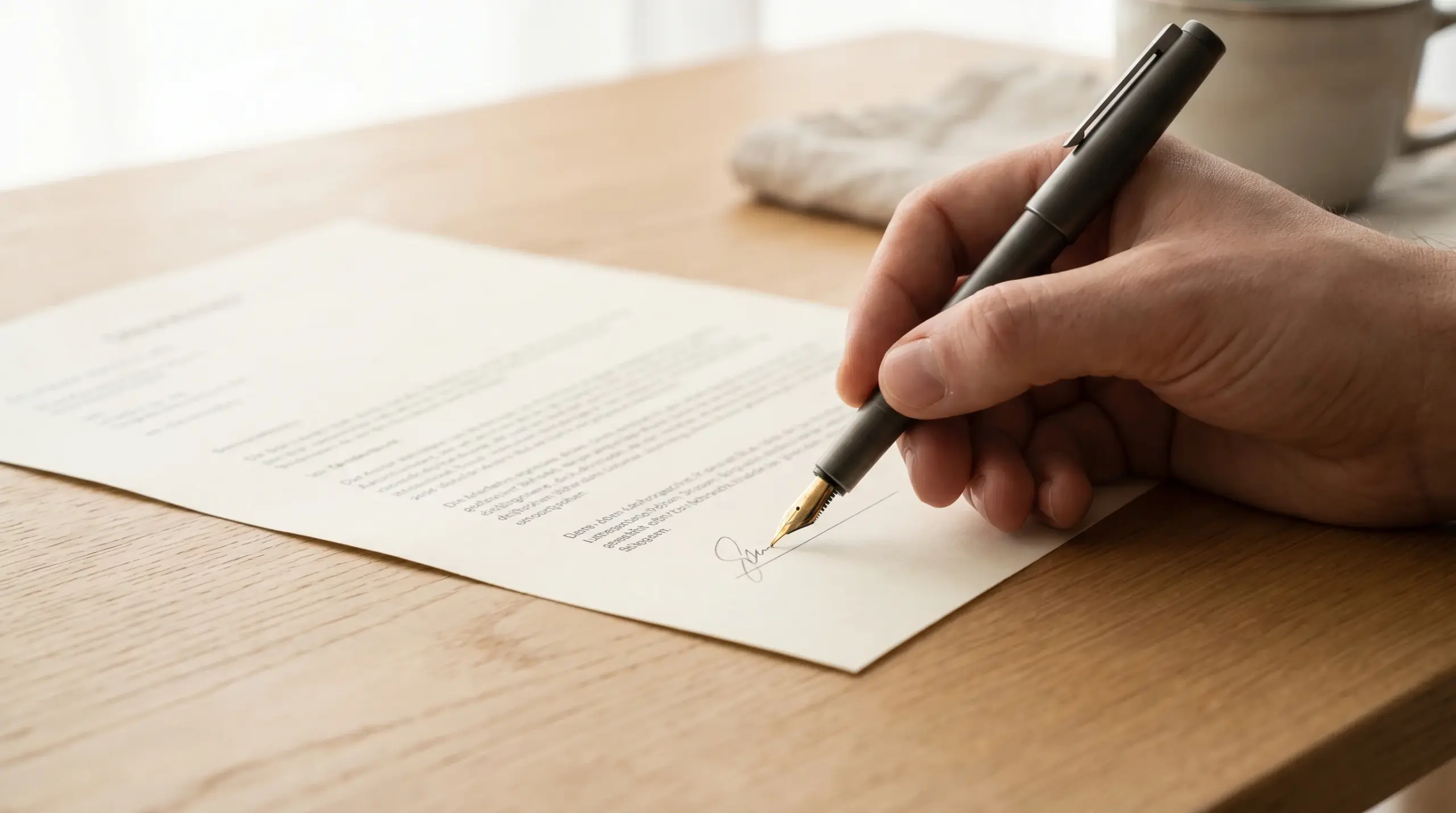 Maklervertrag Alleinauftrag: Vertragsunterschrift mit Füllfederhalter – Detail-Aufnahme