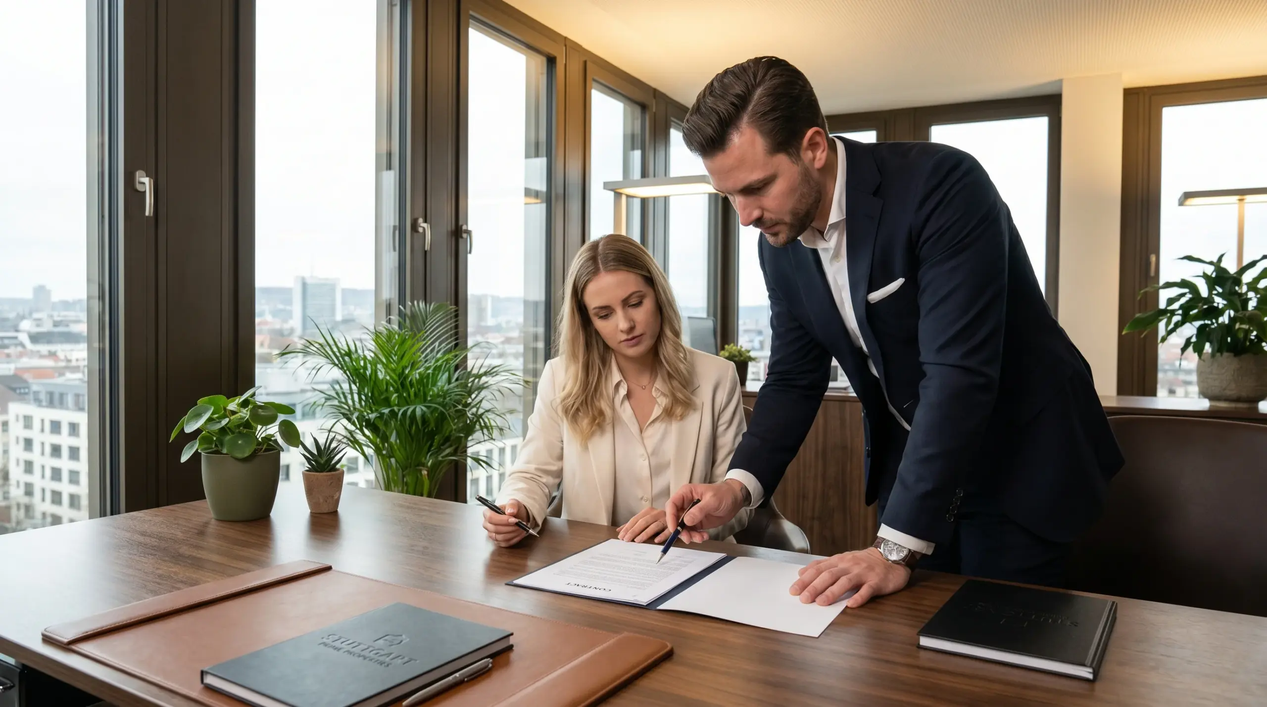 Maklervertrag Alleinauftrag Stuttgart – Professionelles Beratungsgespräch und Vertragsunterzeichnung im Maklerbüro