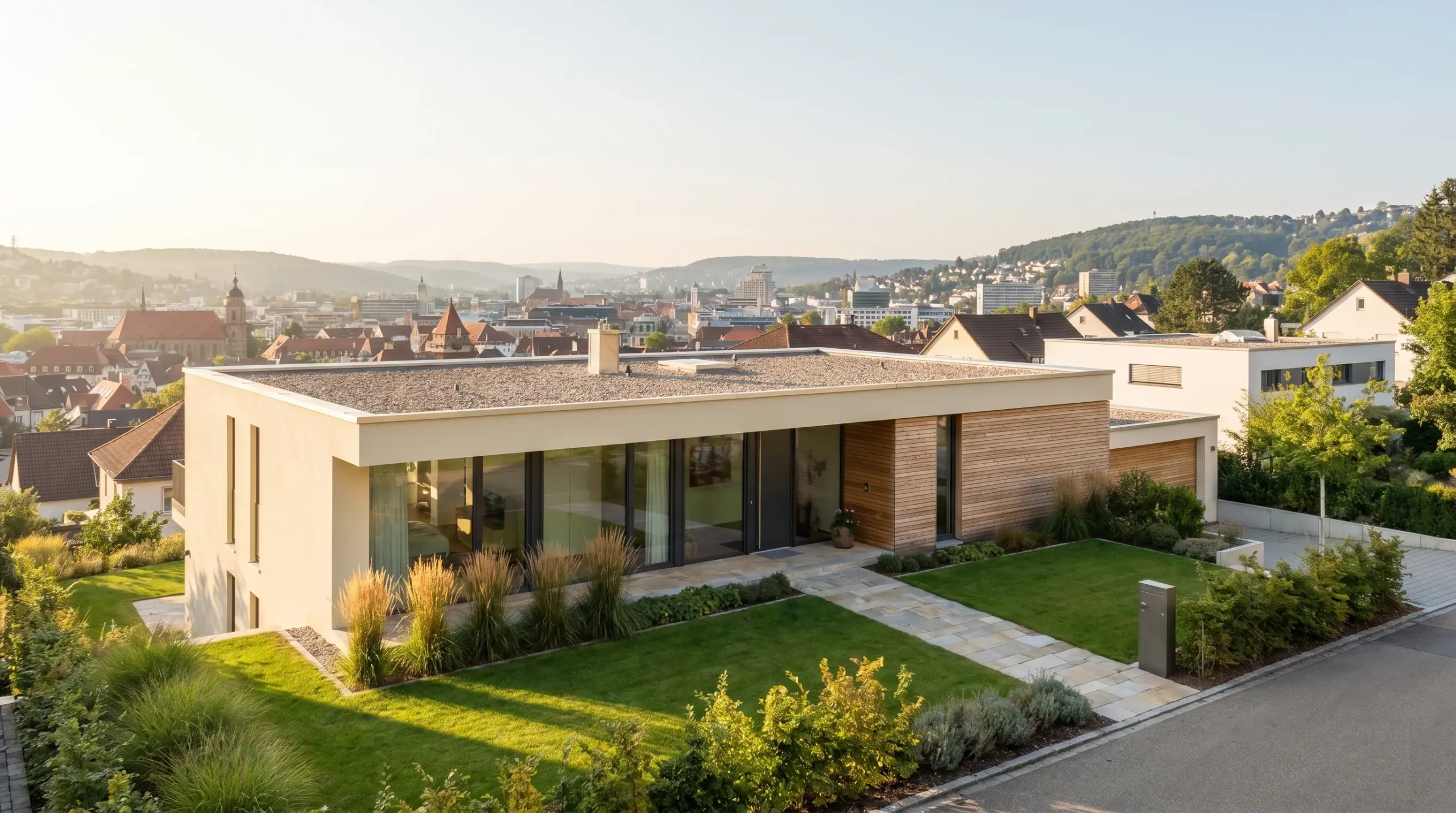 Ablauf Hausverkauf mit Makler Stuttgart – moderne Halbhöhenlage Villa mit Blick über die Stadt