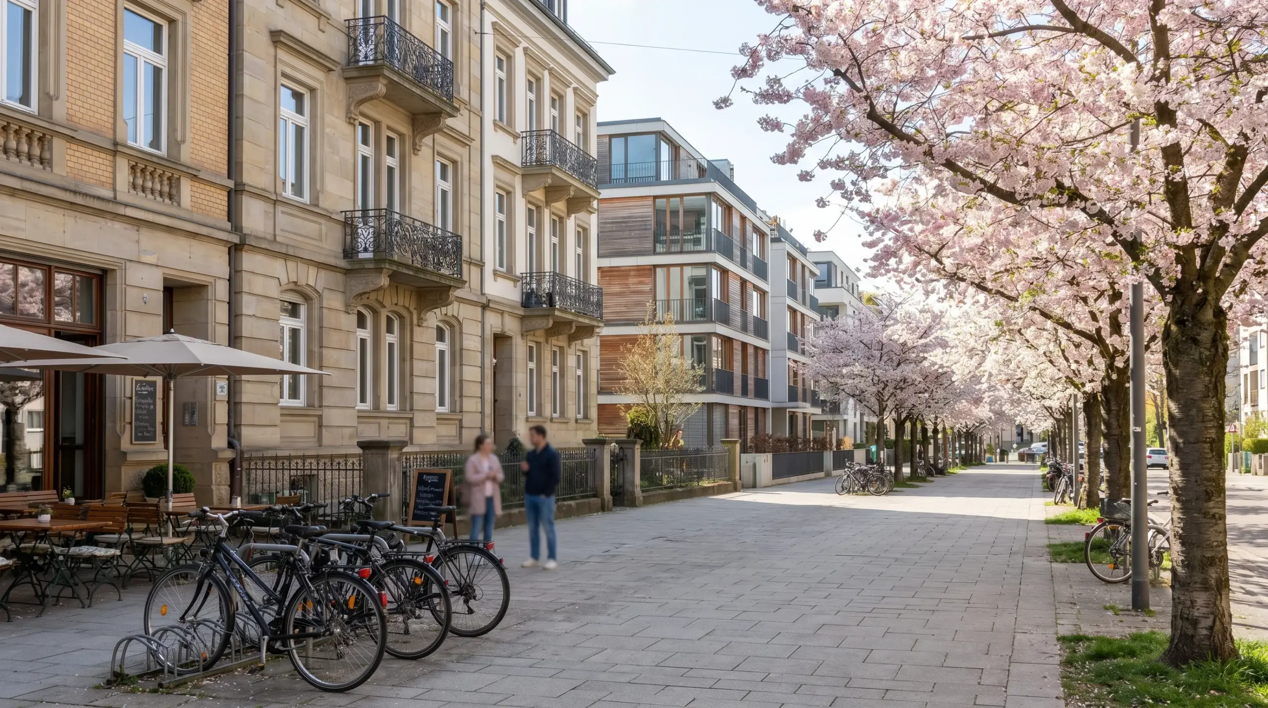Wohnung verkaufen Stuttgart – ruhige Wohnstraße im Stuttgarter Stadtteil Degerloch mit Altbauten und Frühlingsblüten