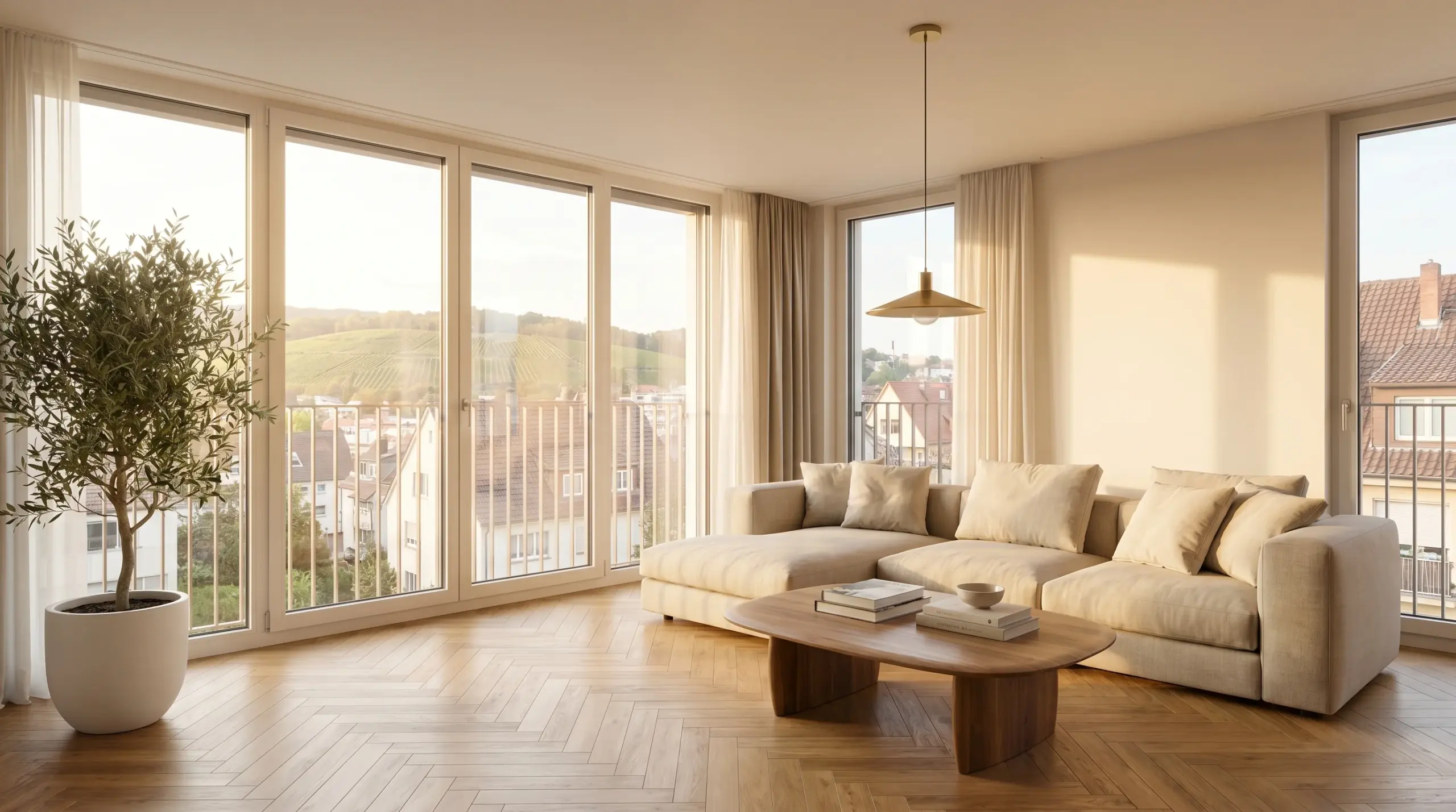 Moderne Eigentumswohnung in Stuttgart-Degerloch – Wohnzimmer mit Stadtblick und Holzparkett