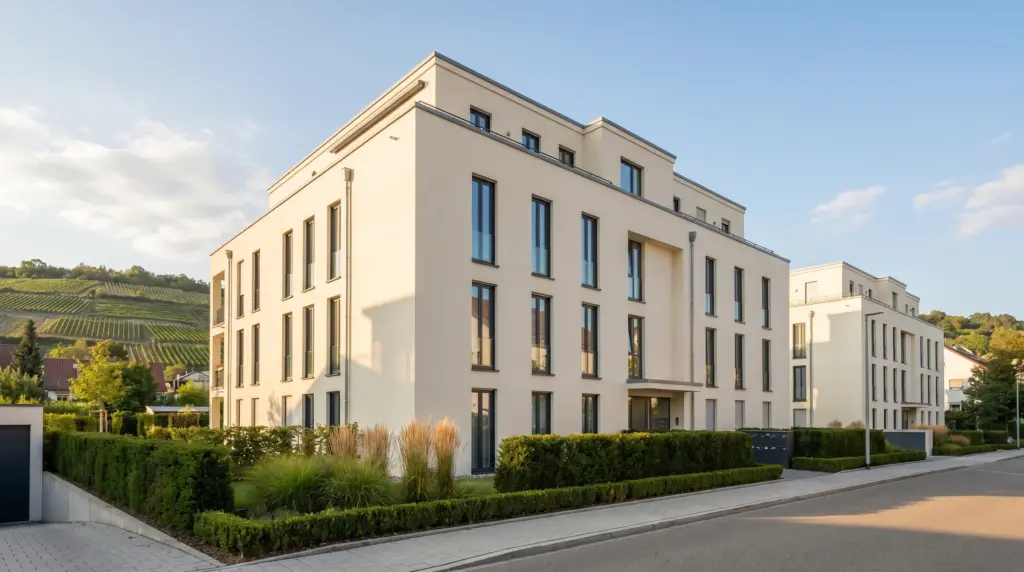 Wohnung verkaufen Stuttgart – Außenansicht eines modernen Wohnhauses in der Halbhöhenlage