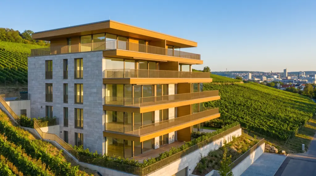 Wohnung verkaufen Stuttgart – modernes Apartmentgebäude in der Stuttgarter Halbhöhenlage bei Sonnenuntergang