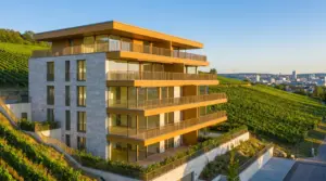 Wohnung verkaufen Stuttgart – modernes Apartmentgebäude in der Stuttgarter Halbhöhenlage bei Sonnenuntergang