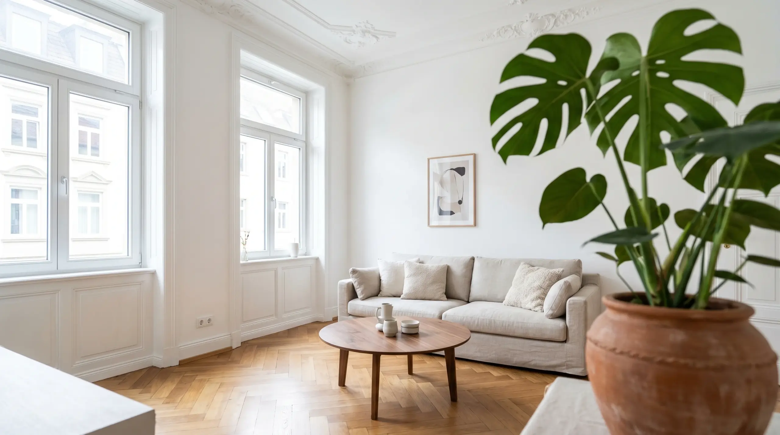 Immobilienbewertung Stuttgart – Helles Altbau-Wohnzimmer mit Stuckdecke und Eichenparkett