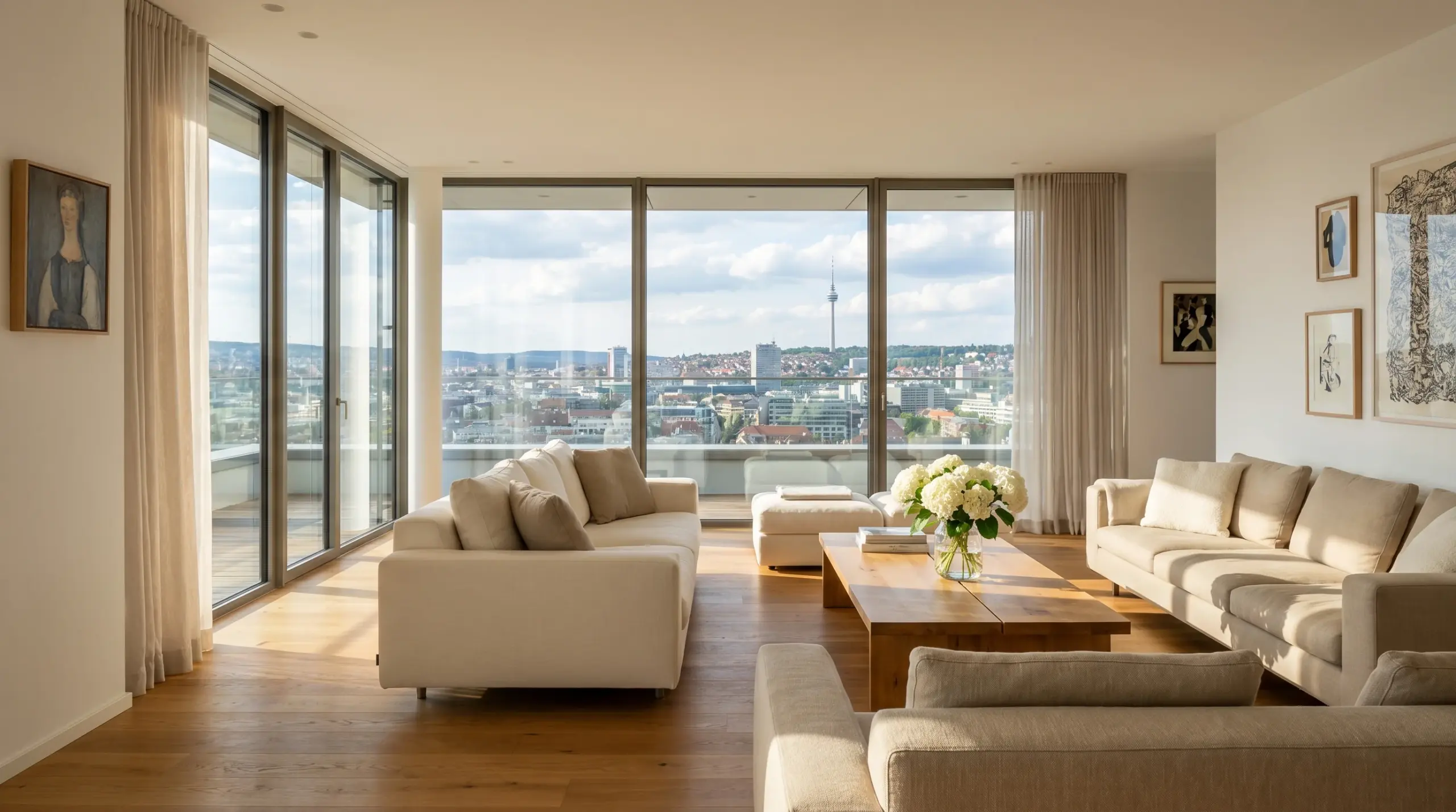 Wohnung verkaufen Stuttgart – professionell gestagtes Wohnzimmer einer Eigentumswohnung mit Blick auf die Stuttgarter Skyline