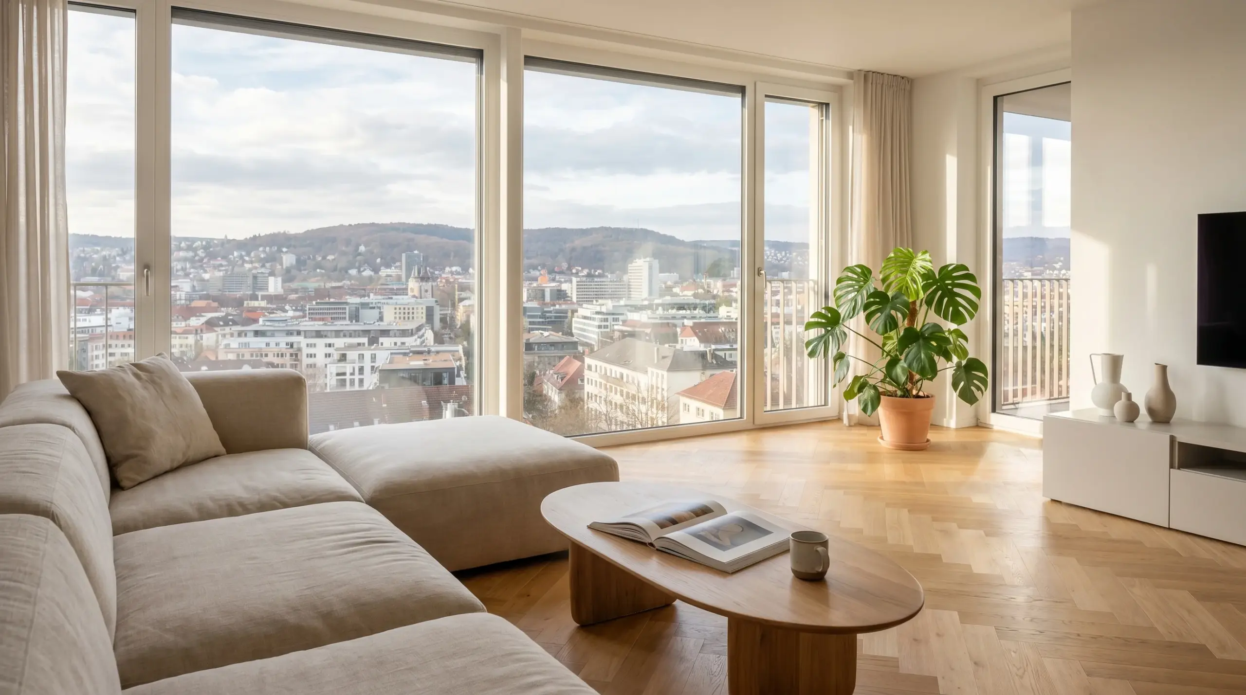 Modernes Stuttgarter Apartment – helles Wohnzimmer mit Stadtblick und Eichenparkett beim Wohnungsverkauf