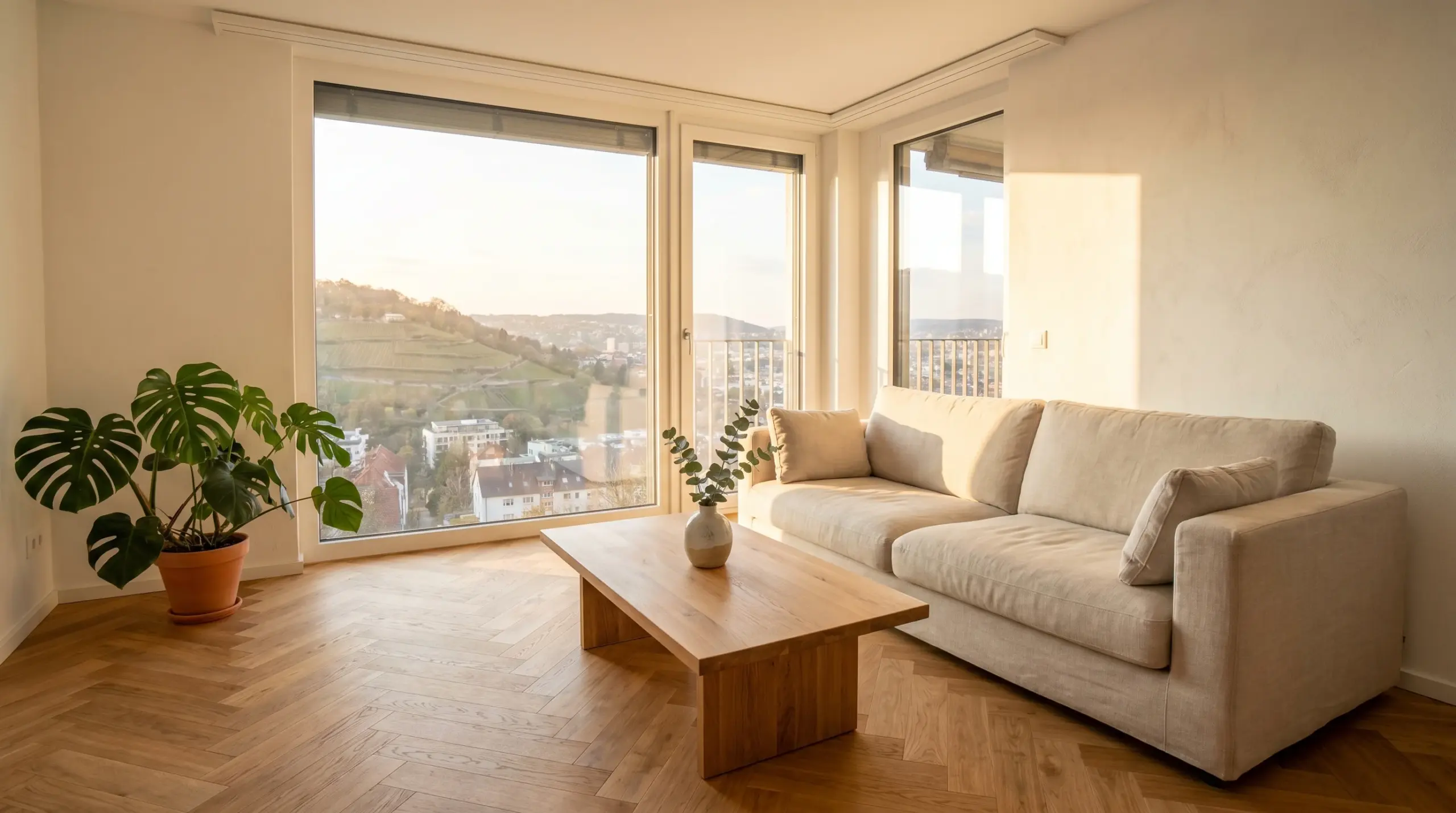Helles Stuttgarter Wohnzimmer mit Parkettboden und Panoramafenster – Wohnung verkaufen Stuttgart