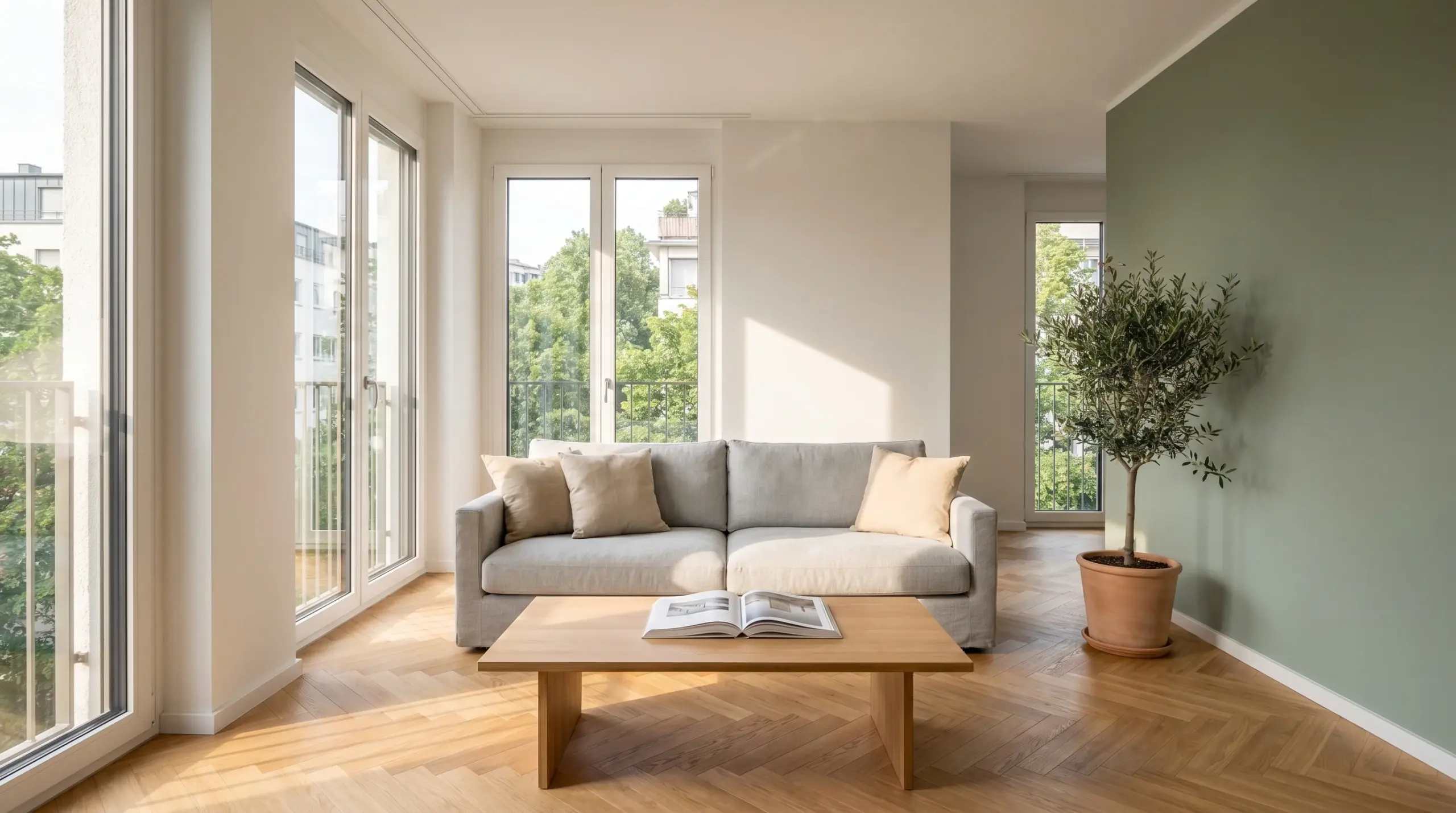 Moderne Eigentumswohnung in Bad Cannstatt Stuttgart – helles Wohnzimmer mit Holzparkett