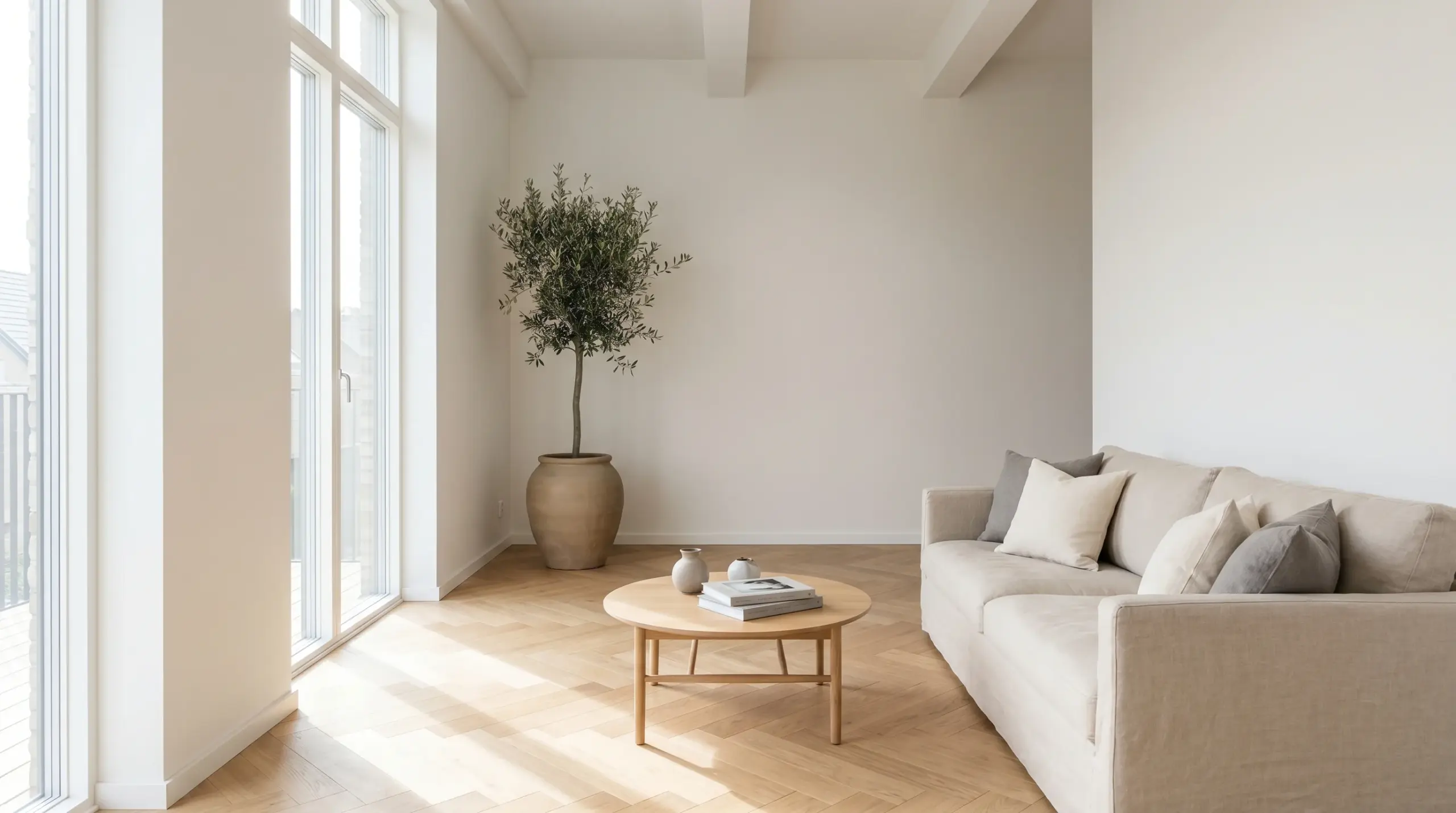 Helles, professionell gestagtes Wohnzimmer beim Hausverkauf in Stuttgart mit Eichenparkett und großen Fenstern