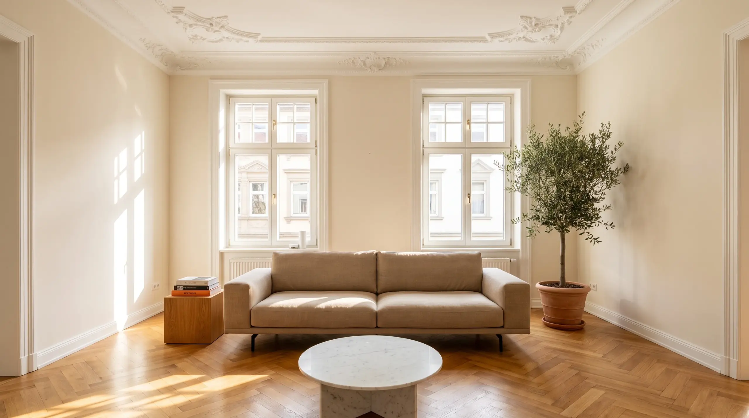 Helles Altbau-Wohnzimmer in Stuttgart Bad Cannstatt – Stuckdecke, Fischgrätparkett, große Fenster