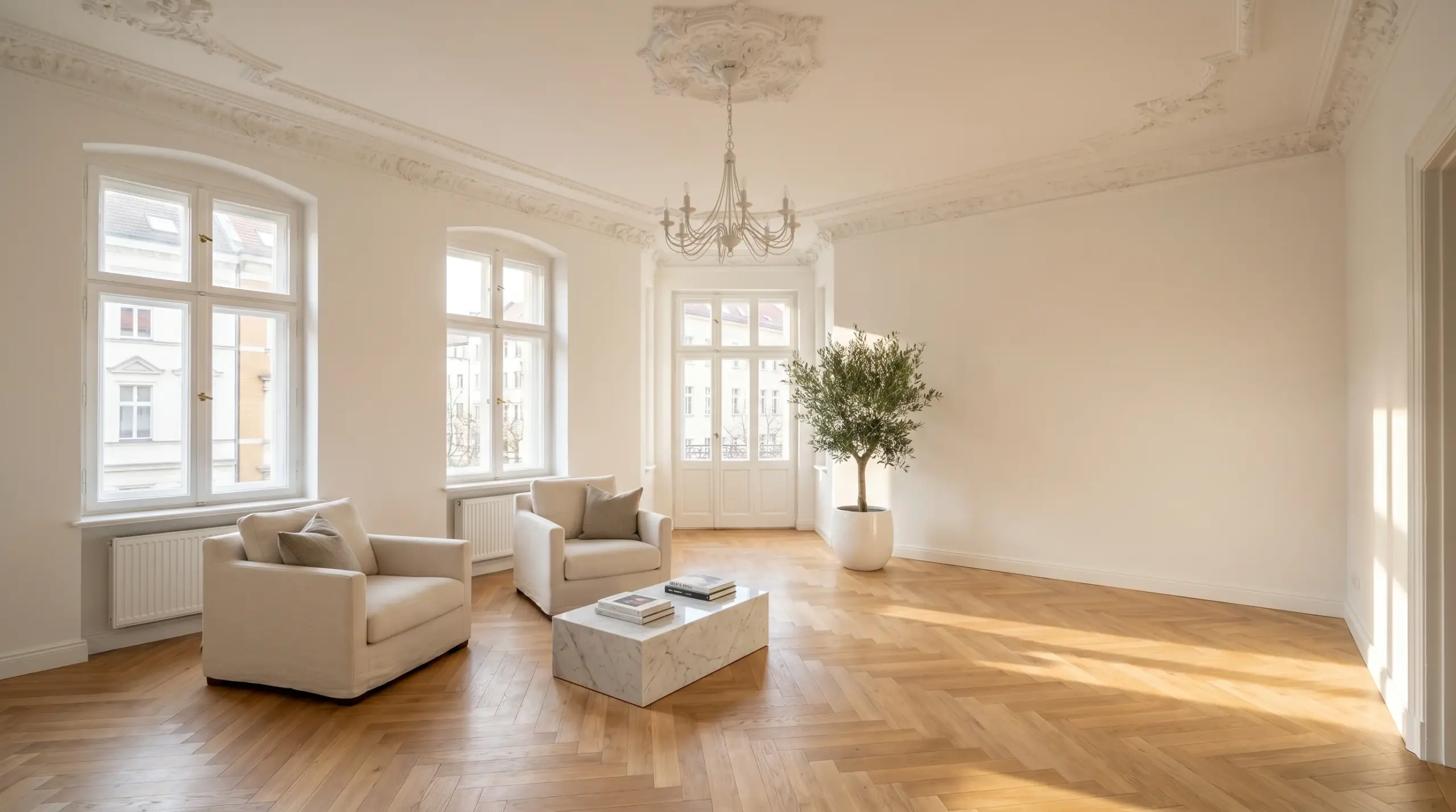 Altbau-Wohnzimmer mit Stuckdecke und Parkett in Stuttgart – vererbte Immobilie
