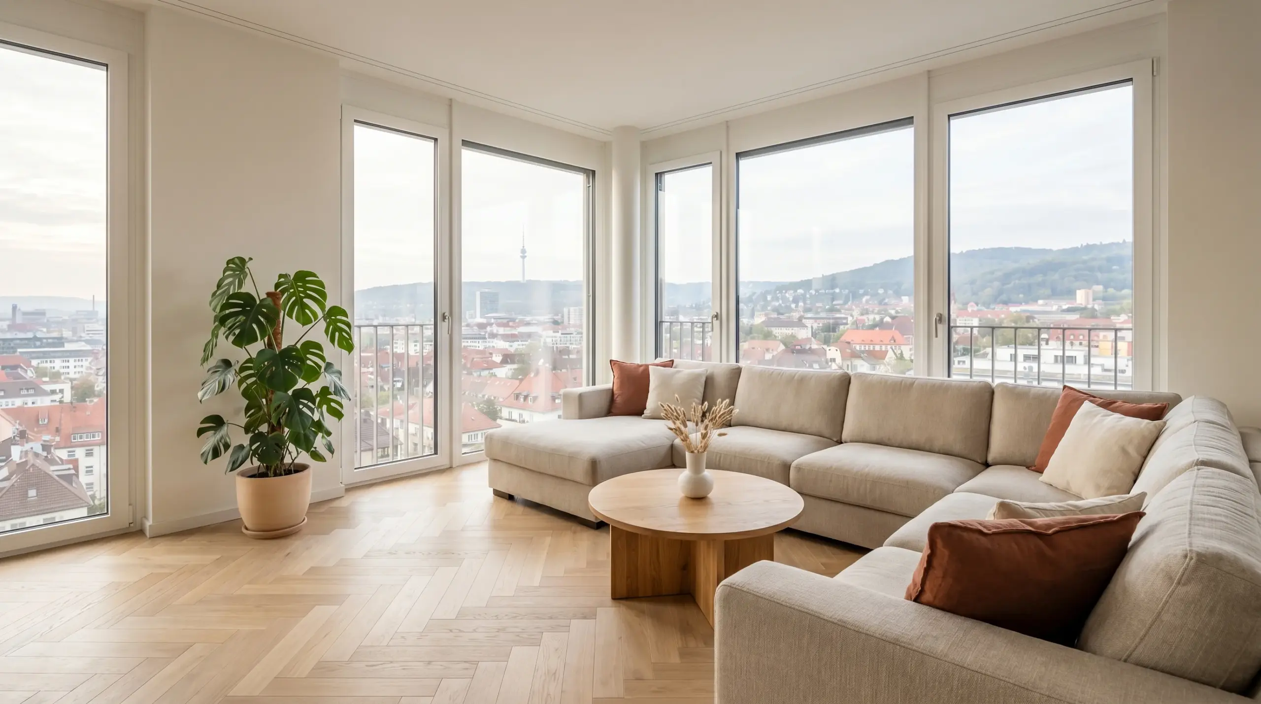 Immobilienbewertung Stuttgart – modernes Wohnzimmer mit Stadtblick und Bodenrichtwert-Kontext