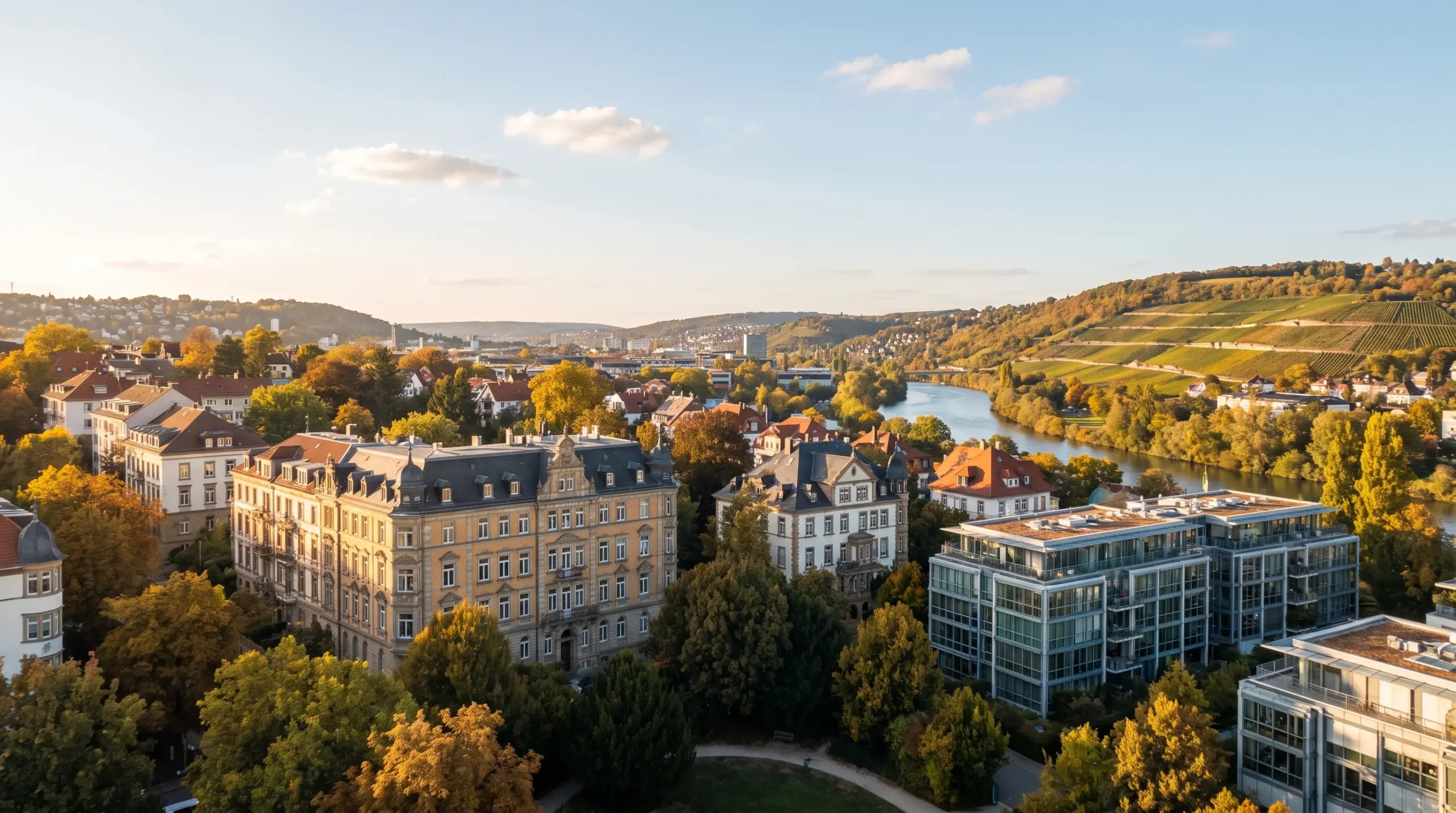 Wohnviertel Bad Cannstatt Stuttgart – Blick über Dächer zum Neckar, Weinberghänge im Hintergrund