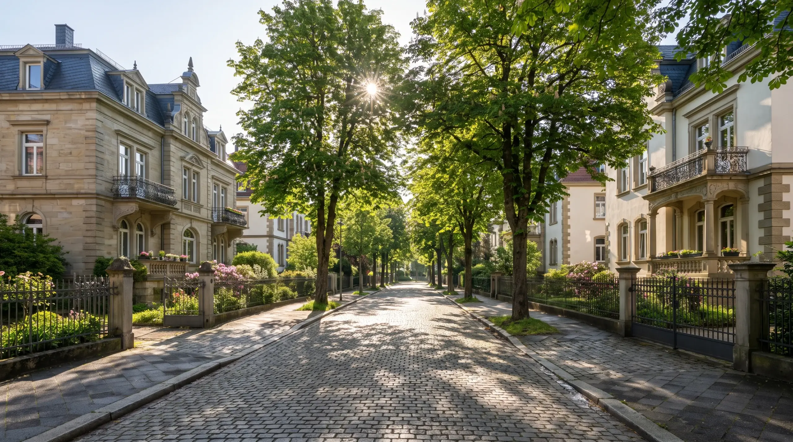 Typische Killesberg Wohnstraße Stuttgart mit Gründerzeit-Villen und Baumreihen