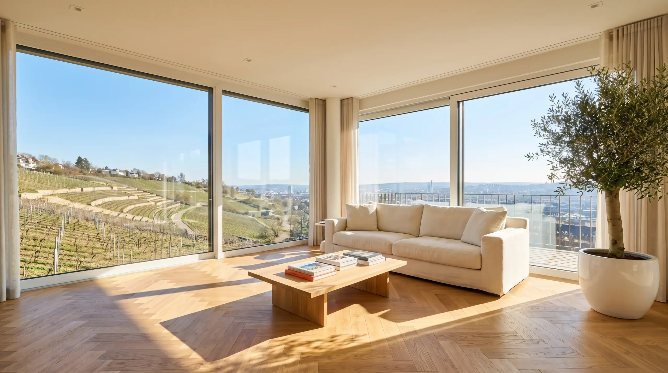 Modernes Wohnzimmer in Stuttgart-Degerloch mit Panoramafenstern und Stadtblick – Immobilienmakler Makler Max