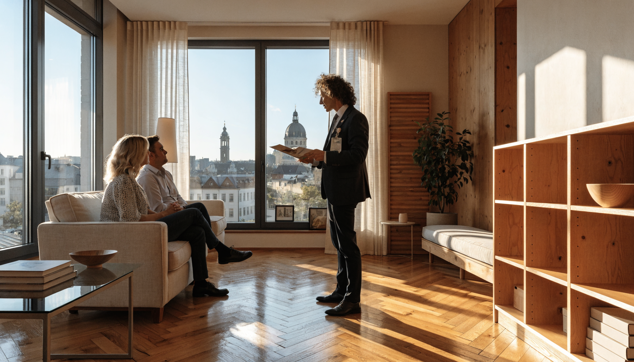 Immobilienmakler Stuttgart berät Eigentümerpaar beim Wohnungsverkauf im modernen Wohnzimmer