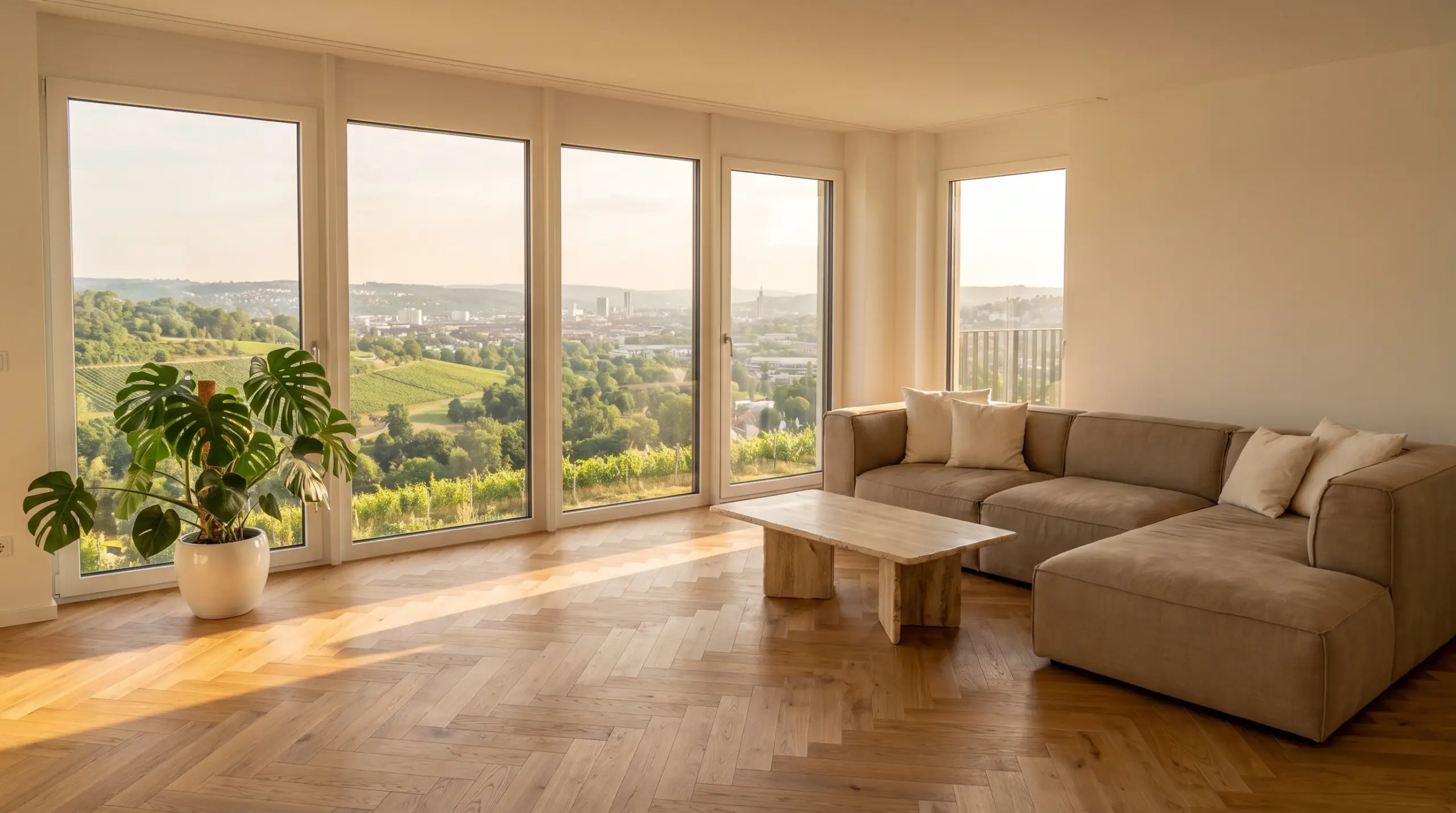 Modernes Wohnzimmer mit Stuttgarter Panoramablick in Degerloch – Immobilienmakler Makler Max