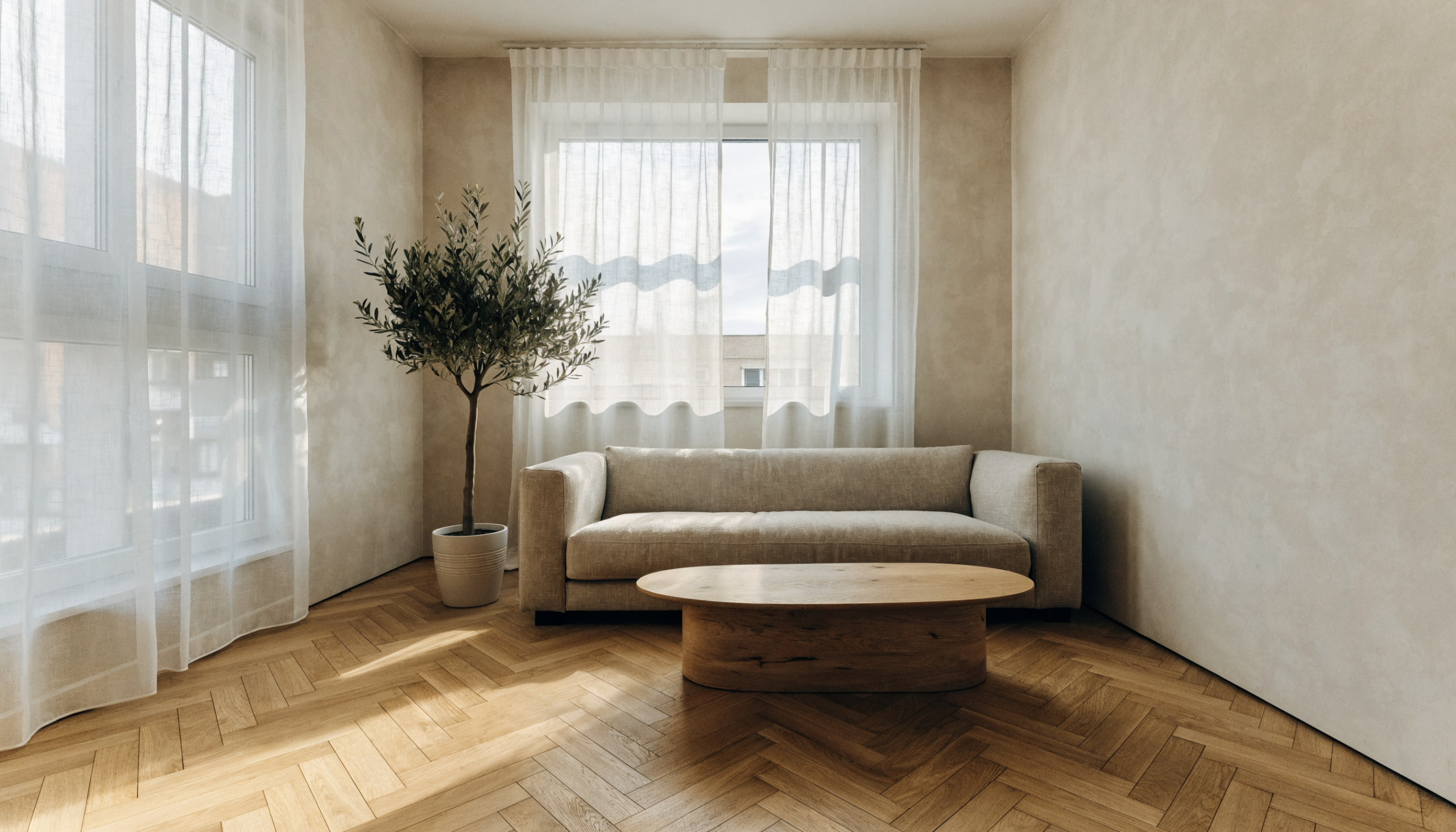 Helles modernes Wohnzimmer einer Wohnung in Möhringen Stuttgart mit Eichenparkett und großem Fenster