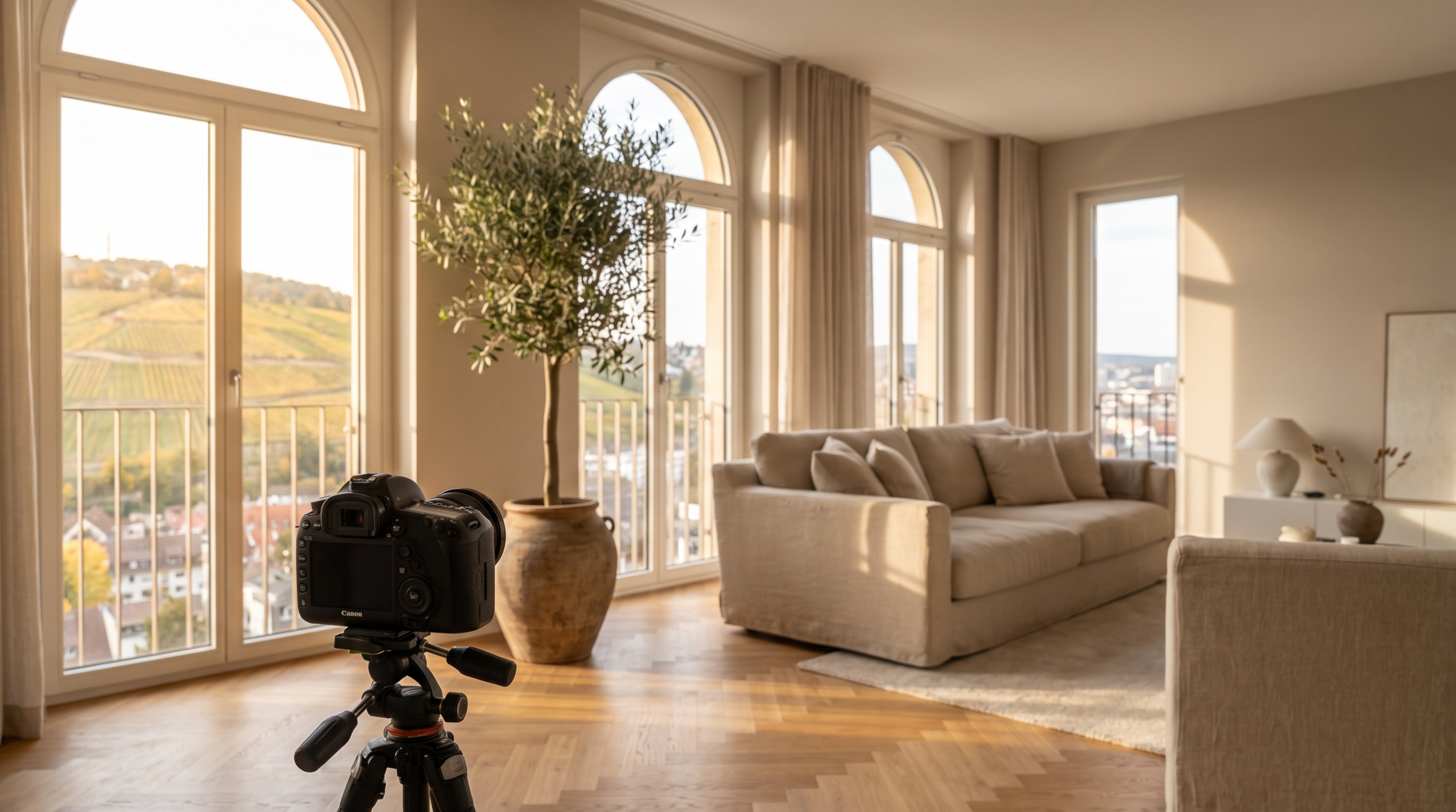 Professionelle Immobilienfotografie Stuttgart: Kamera auf Stativ vor hellem Wohnzimmer mit Weinbergblick