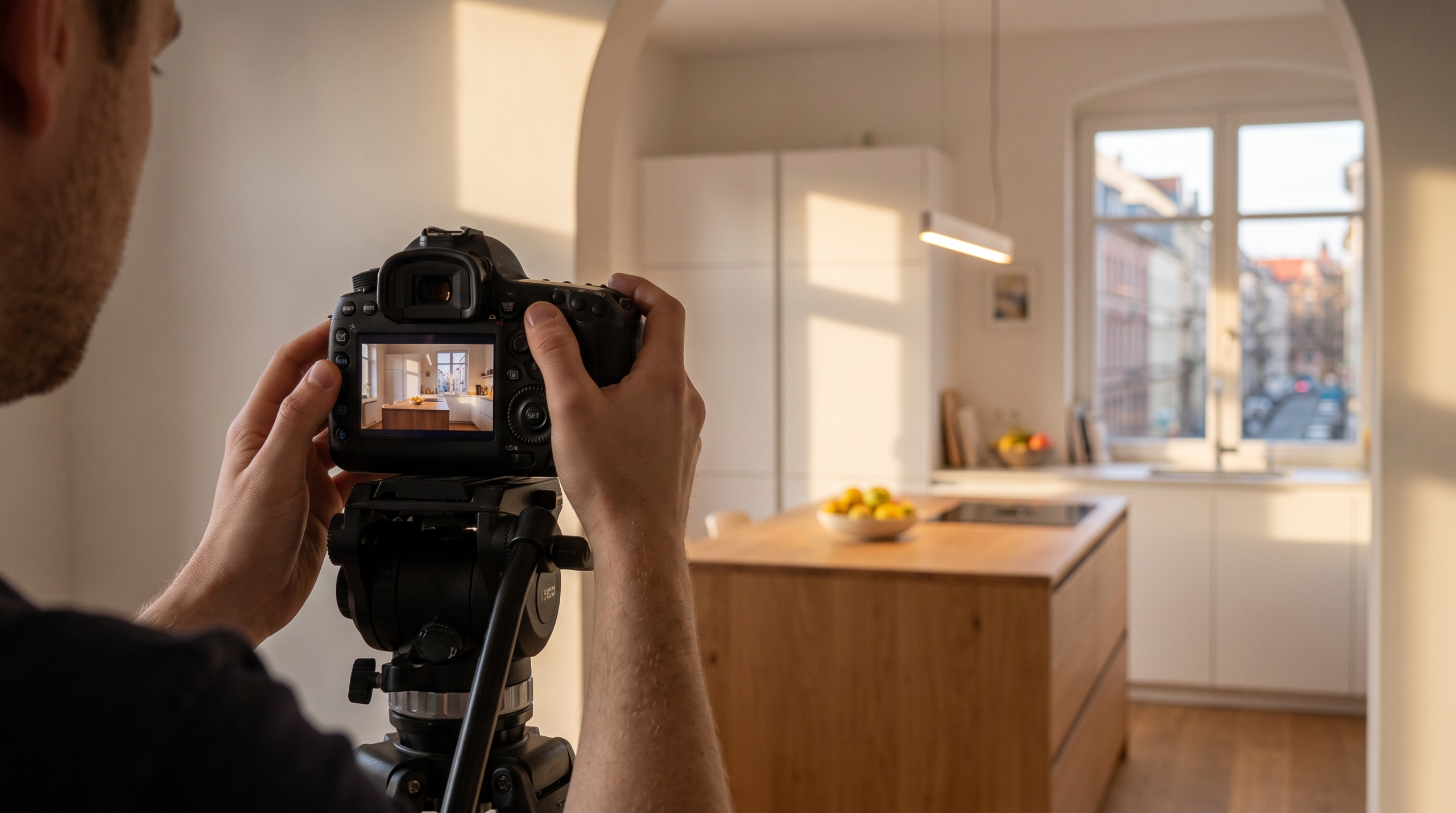 Immobilienfotograf fotografiert helle Küche mit Vollformatkamera für Immobilienexposé in Stuttgart