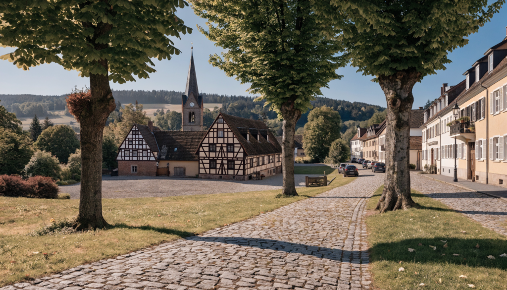 Immobilienmakler Plieningen Stuttgart: historischer Ortskern mit Fachwerkhäusern und Kirche