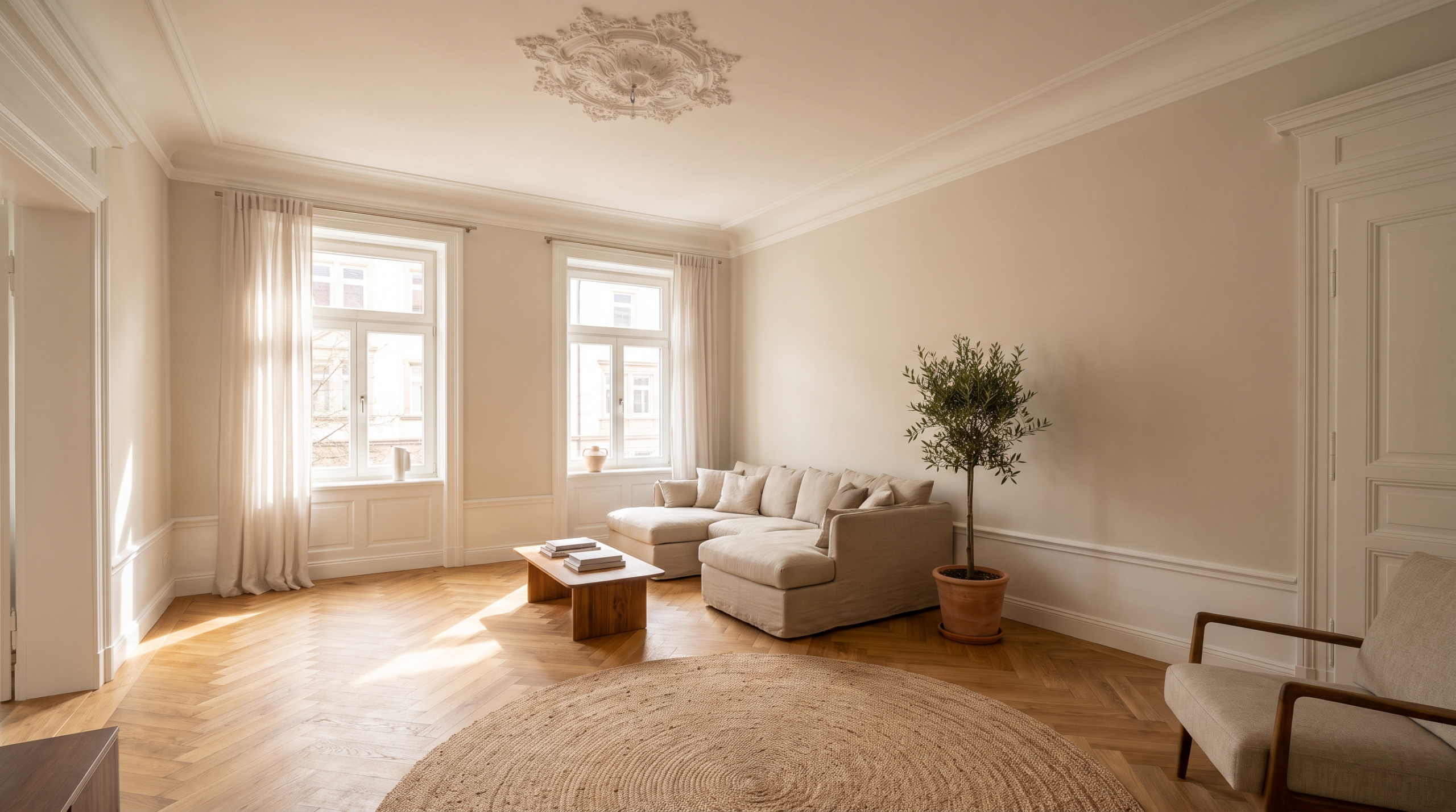 Immobilienmakler Stuttgart-Nord: helles Altbau-Wohnzimmer mit Fischgrät-Parkett und Stuck
