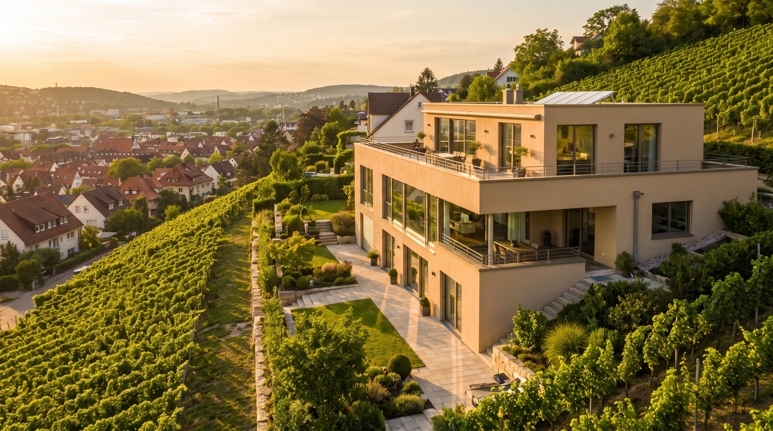 Wertunterschiede nach Stadtteil bei der Immobilienbewertung Stuttgart, Villa in Halbhöhenlage mit Weinbergblick