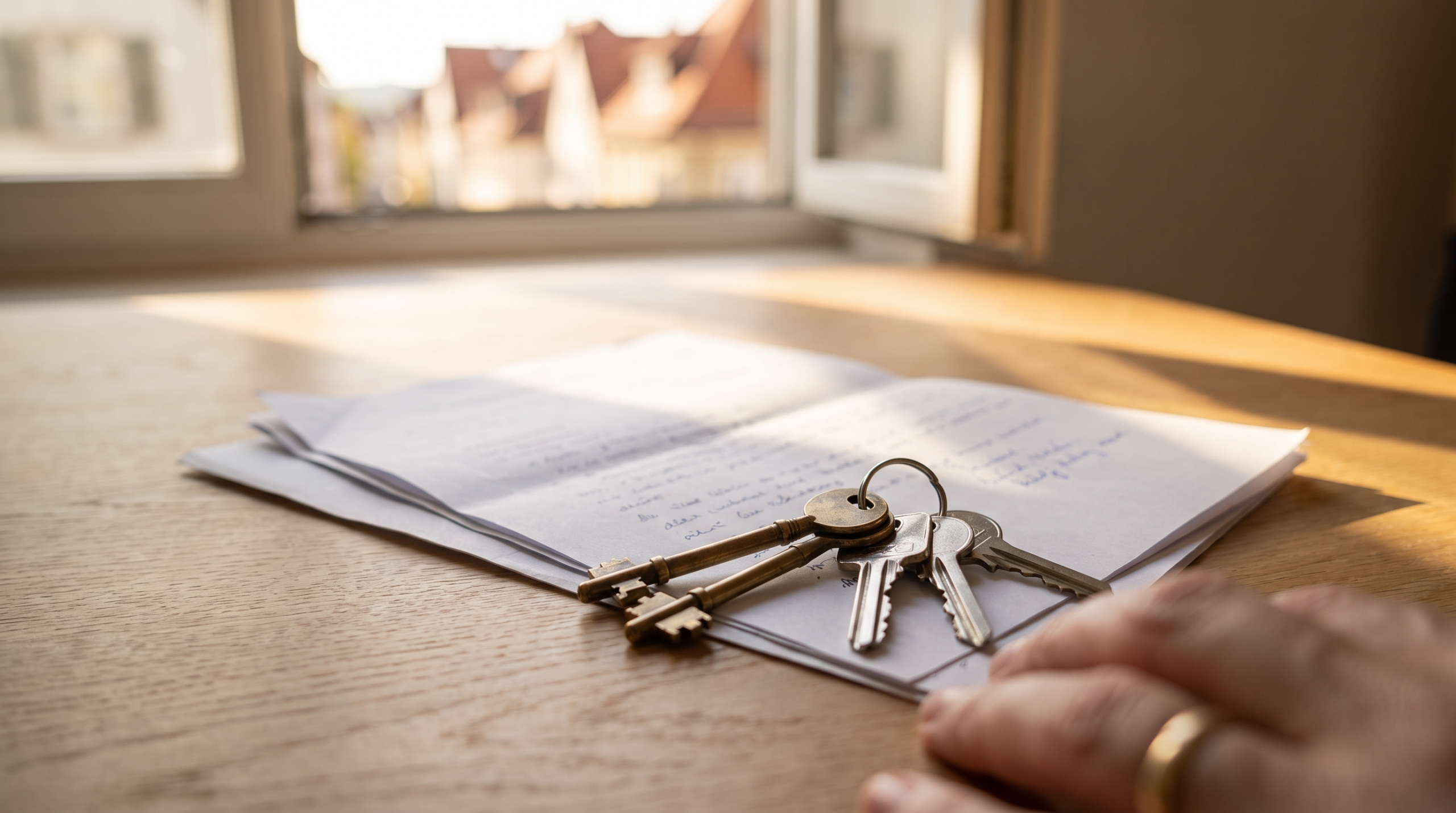 Nach erfolgreichem Immobilienverkauf in Stuttgart: Schlüsselübergabe auf unterschriebenem Vertrag