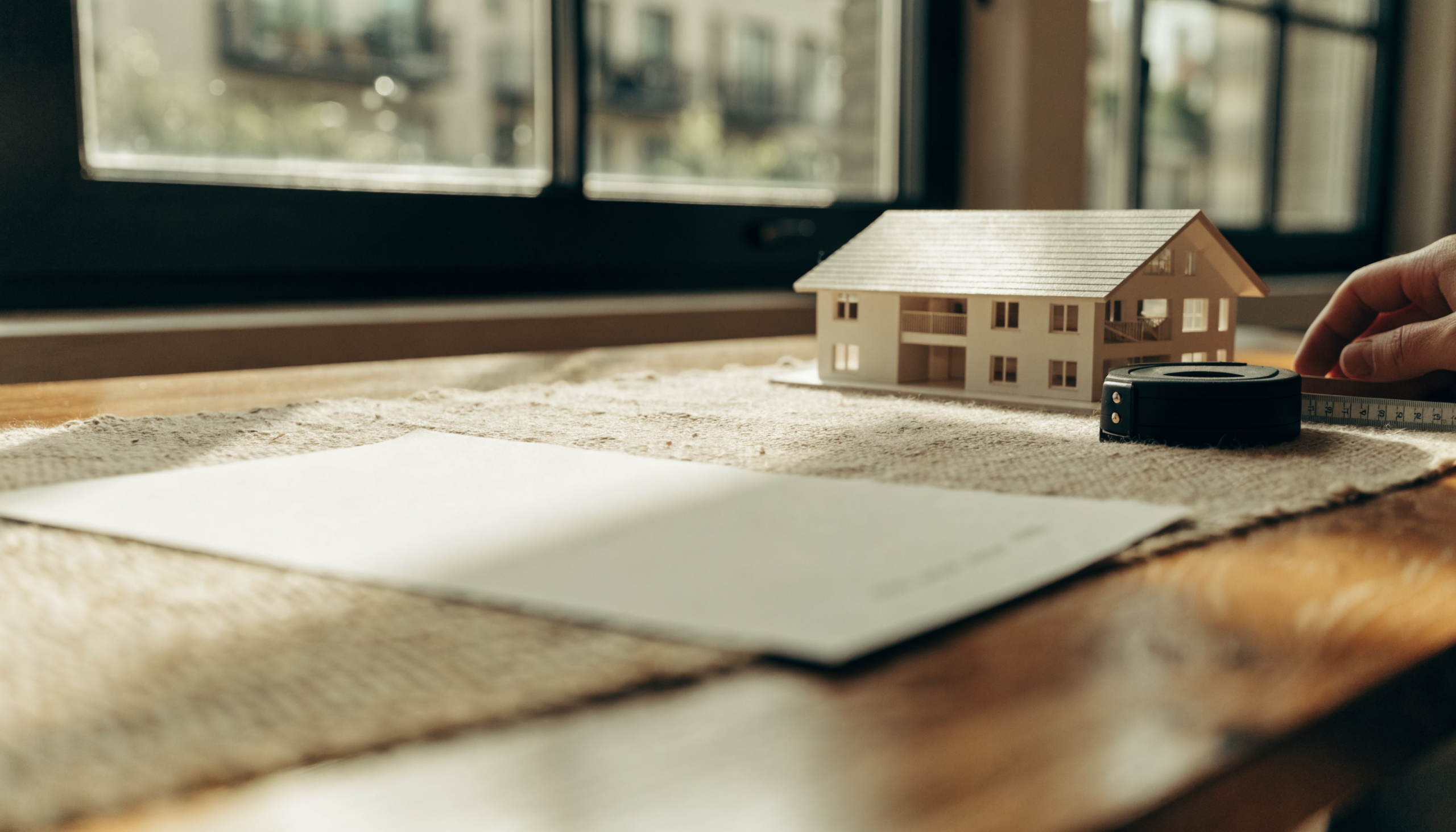 Immobilienbewertung Stuttgart kostenlos: Architekturmodell und Unterlagen auf einem Schreibtisch