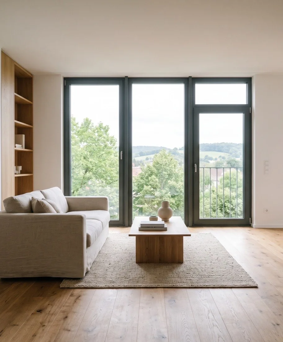 Immobilienmakler Stuttgart – heller Wohnraum mit bodentiefen Fenstern und Blick ins Grüne