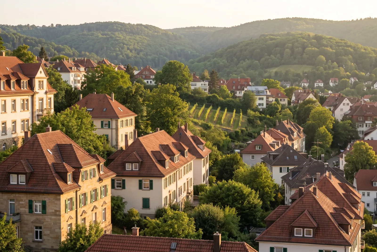 Immobilienbewertung Stuttgart: Blick über Stuttgarter Dachlandschaft mit Weinbergterrassen in Hanglage