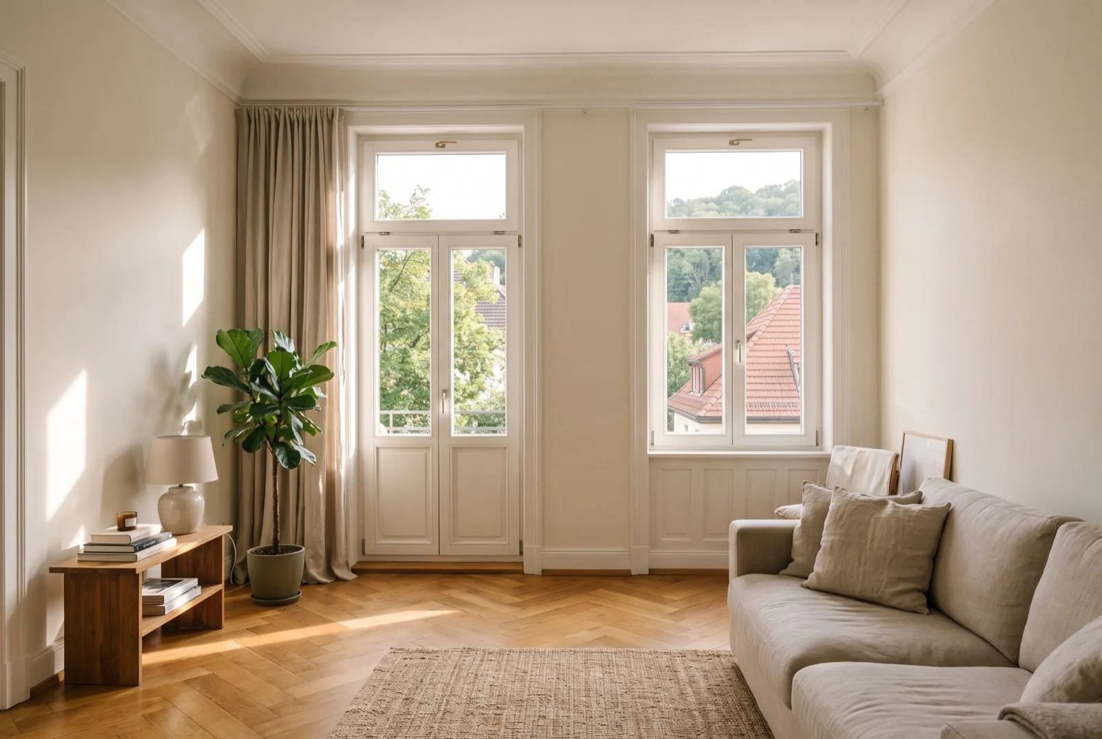 Immobilie kaufen in Stuttgart: heller Altbau-Wohnraum mit Fischgrätparkett und Blick ins Grüne
