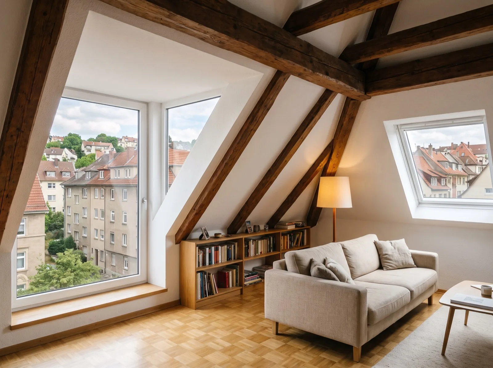 Demo-Ansicht im virtuellen Rundgang: Dachgeschosswohnung mit Dachschrägen und Blick über Stuttgarter Ziegeldächer